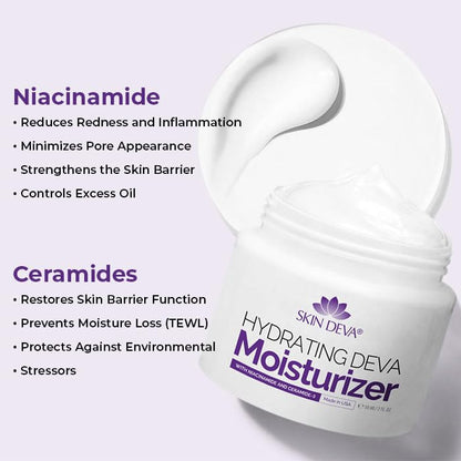 SKIN DEVA 2 oz Hydrating Moisturizer with Niacinamide & Ceramide – Oil-Free Daily Face Cream