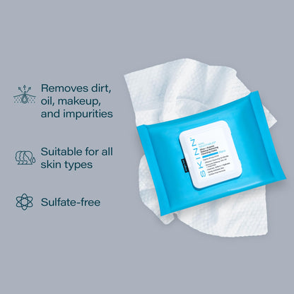 SKINN Facial Cleansing Makeup Remover Wipes | Hydrating Exfoliating Cloths