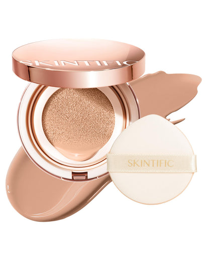 SKINTIFIC Cushion Foundation – Full Coverage, Weightless Skin-Fit, Satin Glow Finish, Sweatproof & Oil-Control