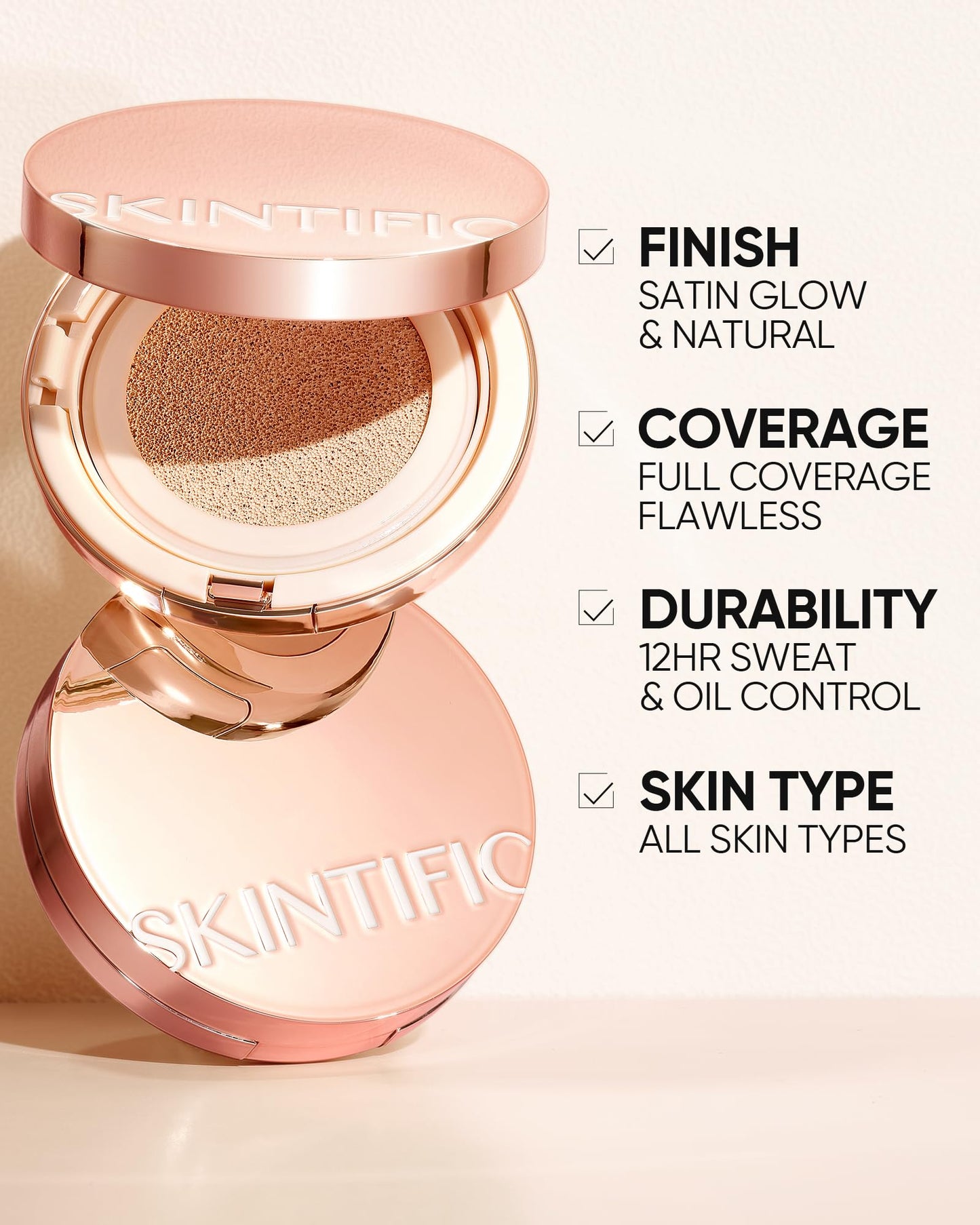 SKINTIFIC Cushion Foundation | Full Coverage, Weightless Texture, Satin Glow, Oil-Control