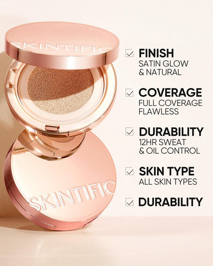 SKINTIFIC Cushion Foundation – Full Coverage, Weightless Skin-Fit, Satin Glow Finish, Sweatproof & Oil-Control