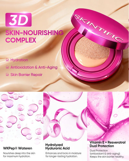 SKINTIFIC Pink Glow Cushion Foundation #02 Ivory | Medium Coverage, Natural Dewy Glow, Hydrating & Lightweight