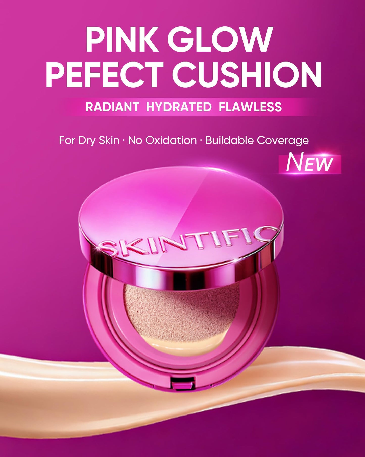 SKINTIFIC Pink Glow Cushion Foundation #03 Petal — Medium Coverage, Natural Dewy Finish, Hydrating & Lightweight