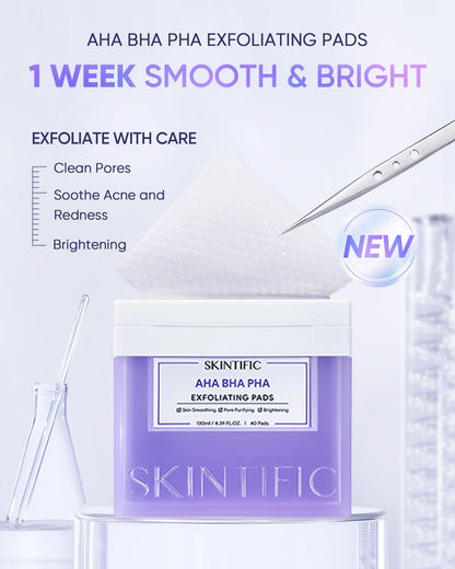 SKINTIFIC Gentle Exfoliating Pads – AHA/BHA/PHA & Niacinamide for Sensitive & Acne-Prone Skin