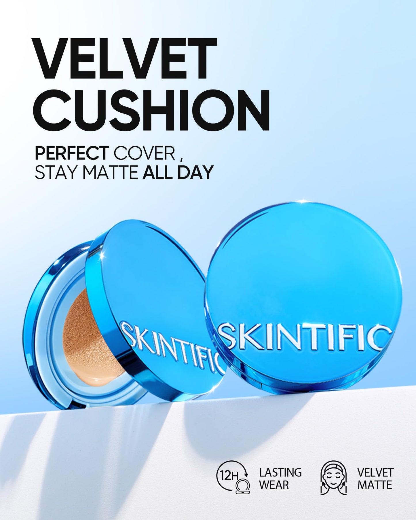 SKINTIFIC Velvet Matte Cushion Foundation Beige 04 (Blue) | Full Coverage, 12H Oil Control, Waterproof