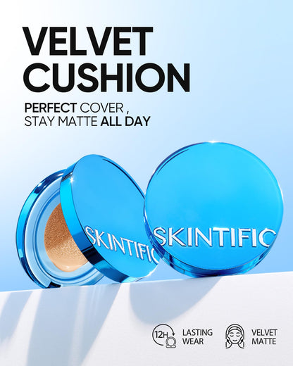 SKINTIFIC Velvet Matte Cushion Foundation Beige 04 (Blue) | Full Coverage, 12H Oil Control, Waterproof