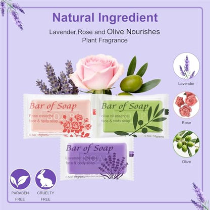Skourvut Bulk Bar Soap 60-Pack – Travel Mini Bars (0.5 oz) Olive Oil, Rose & Lavender