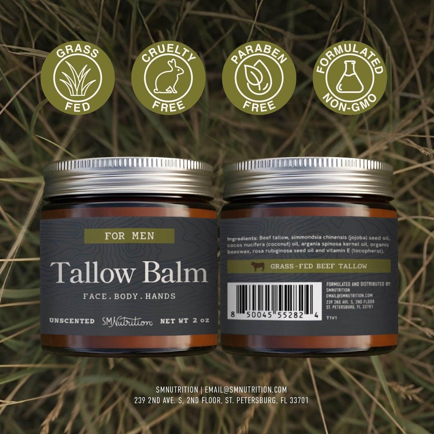SMNutrition Beef Tallow Balm for Men – Unscented, Grass-Fed & Cruelty-Free Face & Body Moisturizer | 2 oz