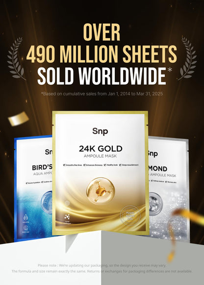 SNP 1000mg Collagen + 24K Gold Ampoule Sheet Mask – Hydrating, Tightening & Nourishing | 10 Sheets