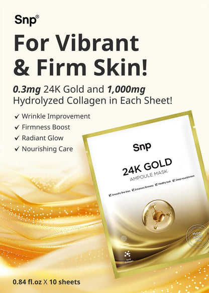 SNP 1000mg Collagen + 24K Gold Ampoule Sheet Mask – Hydrating, Tightening & Nourishing | 10 Sheets