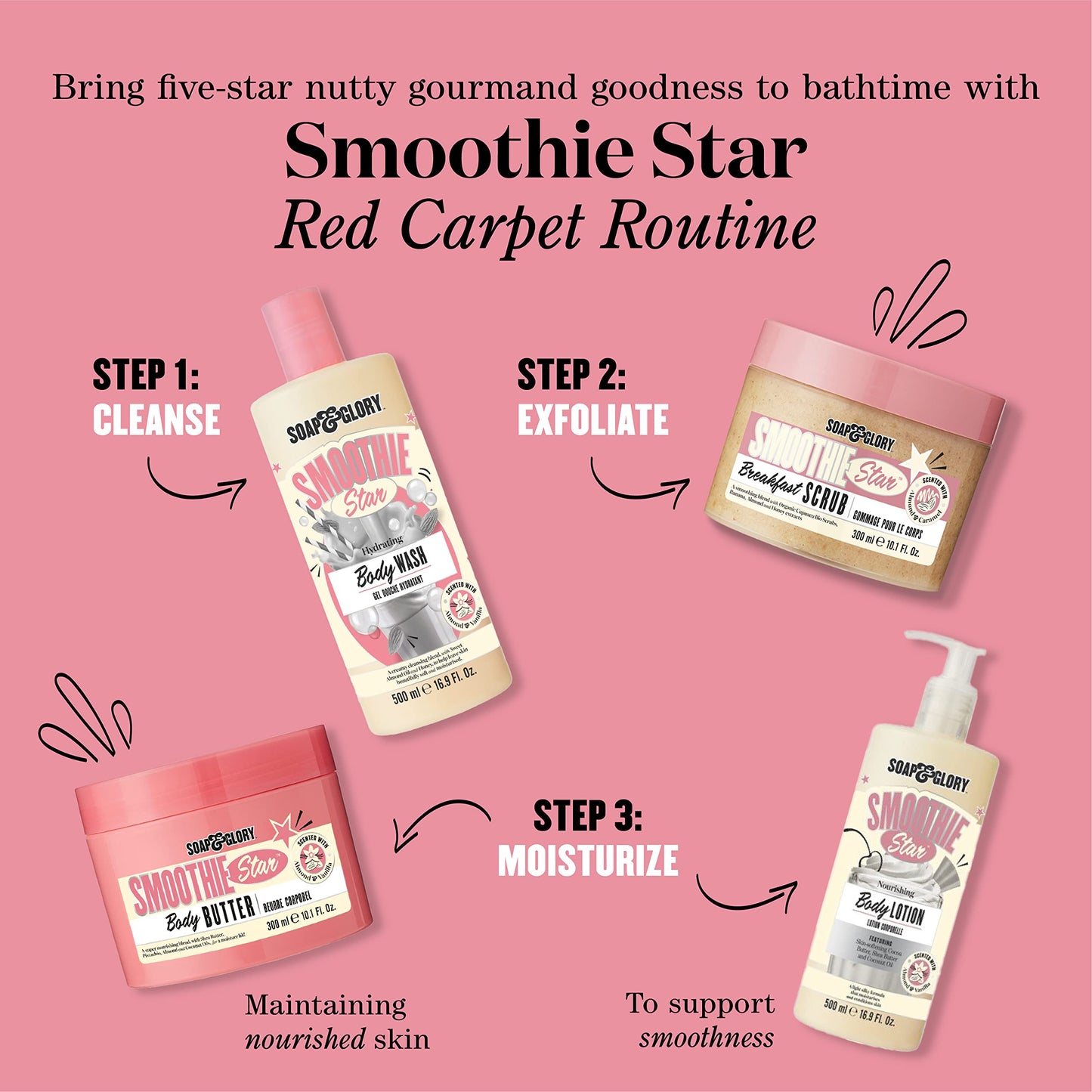 Soap & Glory Smoothie Star Moisturizing Body Lotion – Non-Greasy Vegan (500ml) Pack of 2