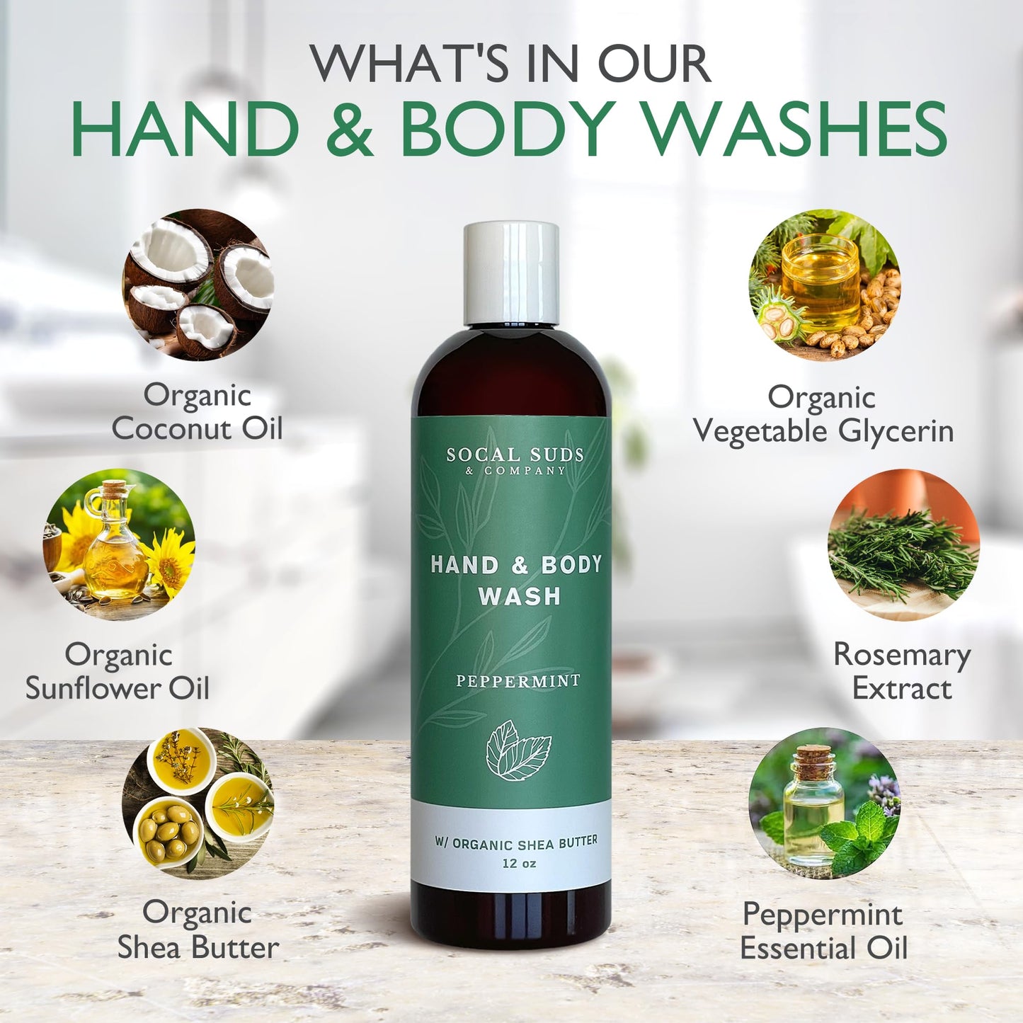 SoCal Suds & Company Organic Shea Butter Body Wash – Peppermint Castile Soap (12oz)