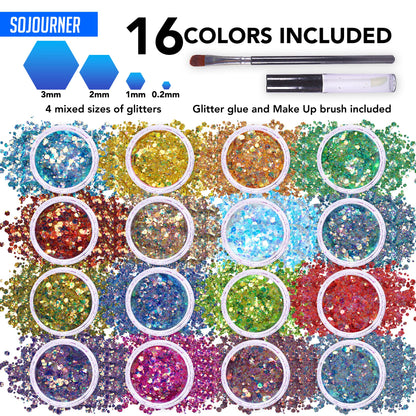 SoJourner Bags Fairy Tears Chunky Holographic Glitter – 16 Color Set + Glitter Glue