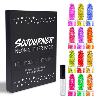 SoJourner Bags Neon Holographic Glitter – 12 Colors + Glitter Glue for Face, Hair & Nails