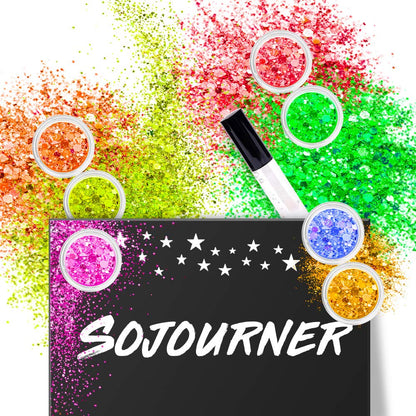 SoJourner Bags Neon Holographic Glitter – 12 Colors + Glitter Glue for Face, Hair & Nails