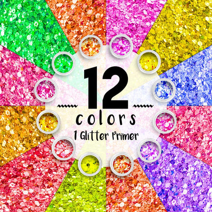 SoJourner Bags Neon Holographic Glitter – 12 Colors + Glitter Glue for Face, Hair & Nails