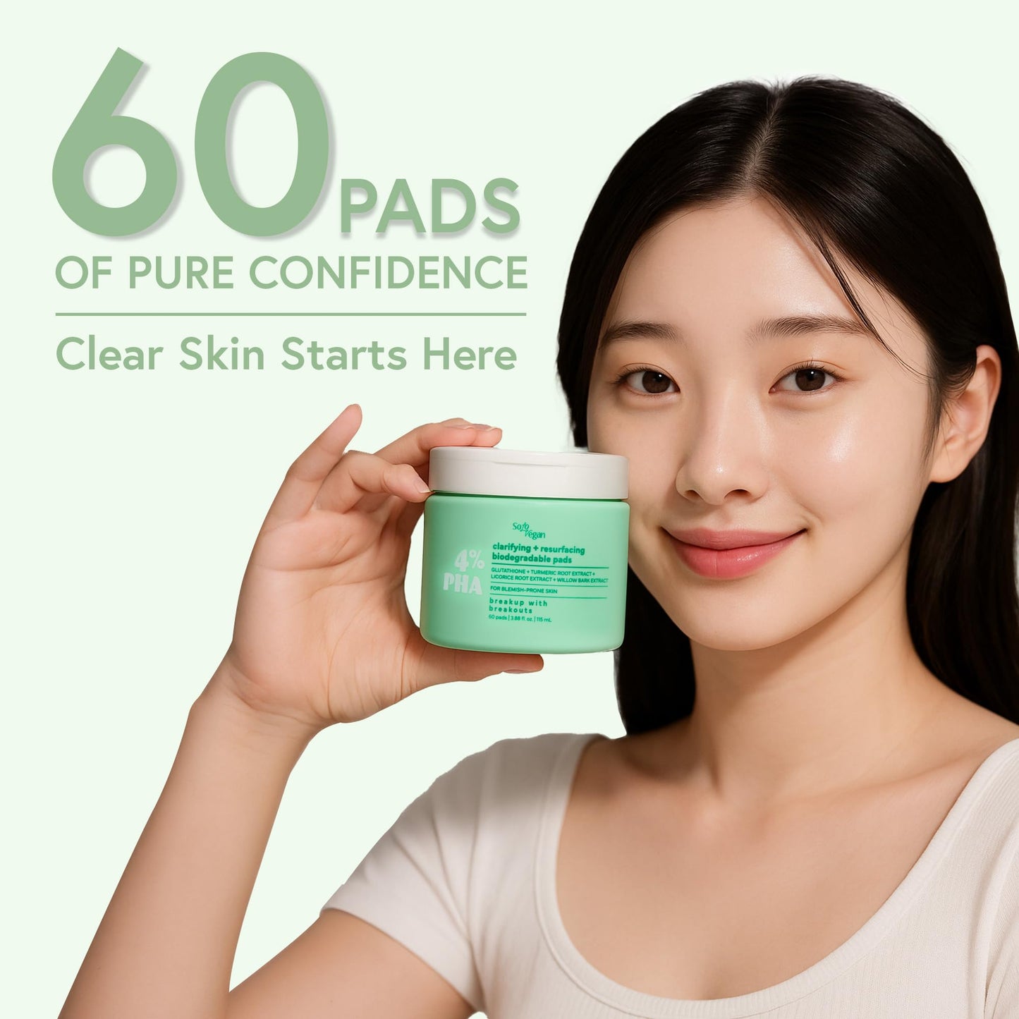 SoloVegan 4% PHA Toner Pads | Vegan Korean Skincare for Sensitive, Acne-Prone Skin - 60 ct
