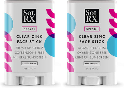 SolRX Mineral SPF 50 Sunscreen Stick for Face – Clear, Non-Greasy, Reef-Safe (Pack of 2)