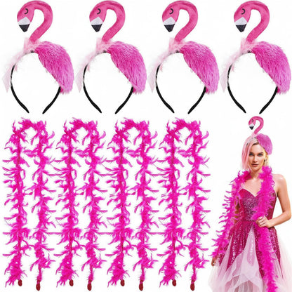 Solsew 8-Piece Hawaii Flamingo Headband & Pink Feather Boa Set | Flamingo Headdress for Carnival & Summer Parties