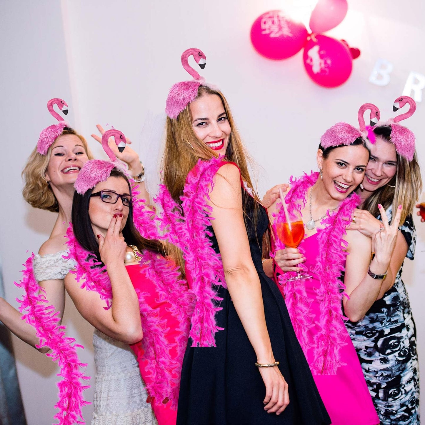 Solsew 8-Piece Hawaii Flamingo Headband & Pink Feather Boa Set | Flamingo Headdress for Carnival & Summer Parties