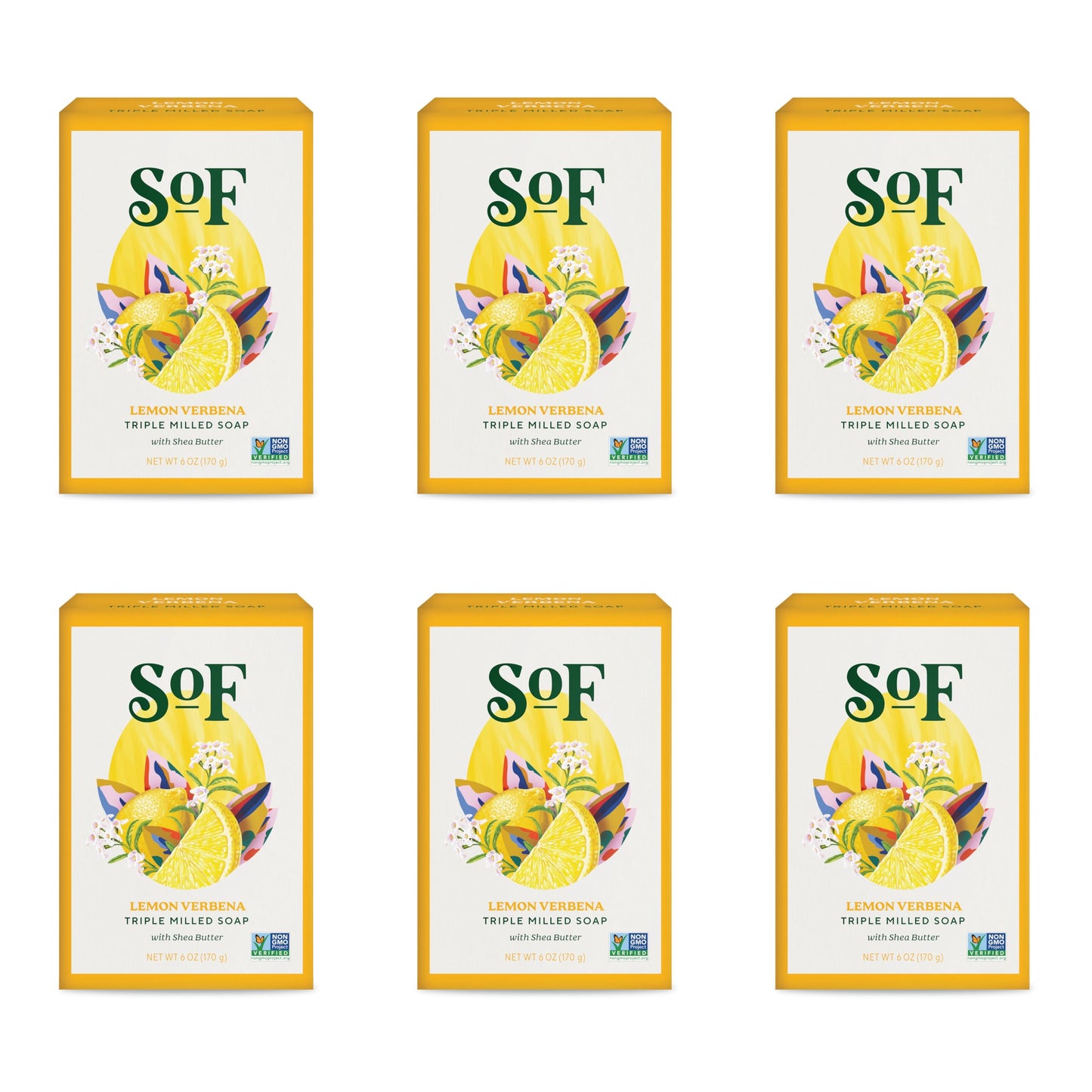 South Of France SoF Lemon Verbena Triple Milled Bar Soap – Coconut Oil & Organic Shea Butter – Vegan & Non-GMO – 6 Bars (6 oz Each)