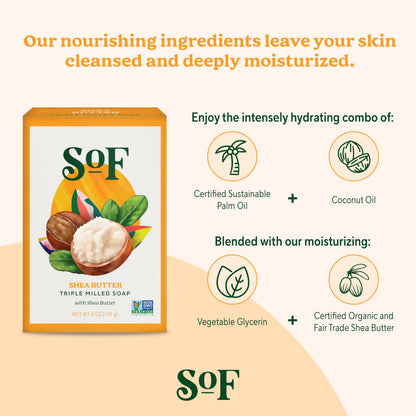 SoF Triple Milled Bar Soap – Coconut Oil & Organic Shea Butter | Vegan & Non-GMO | 6 oz | South Of France