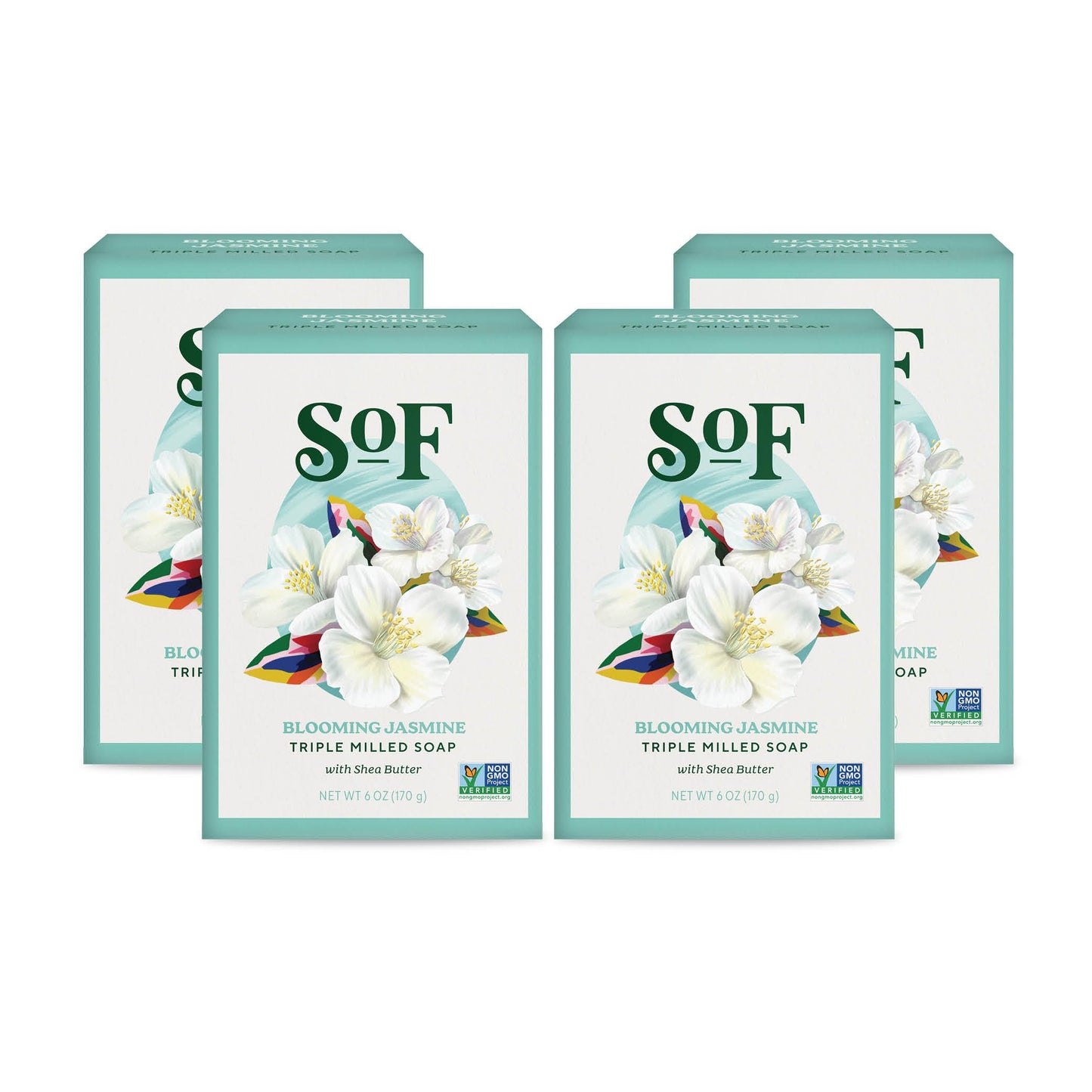 South Of France SoF Blooming Jasmine Triple Milled Bar Soap – Coconut Oil & Organic Shea Butter – Vegan & Non-GMO – 4 x 6 oz Bars