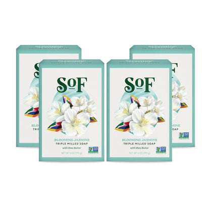 South Of France SoF Blooming Jasmine Triple Milled Bar Soap – Coconut Oil & Organic Shea Butter – Vegan & Non-GMO – 4 x 6 oz Bars
