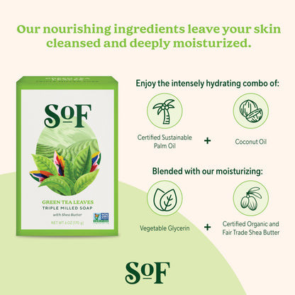 SoF Triple Milled Bar Soap – Coconut Oil & Organic Shea Butter | Vegan & Non-GMO | Green Tea Leaves, 6 oz Bar (Set of 6)