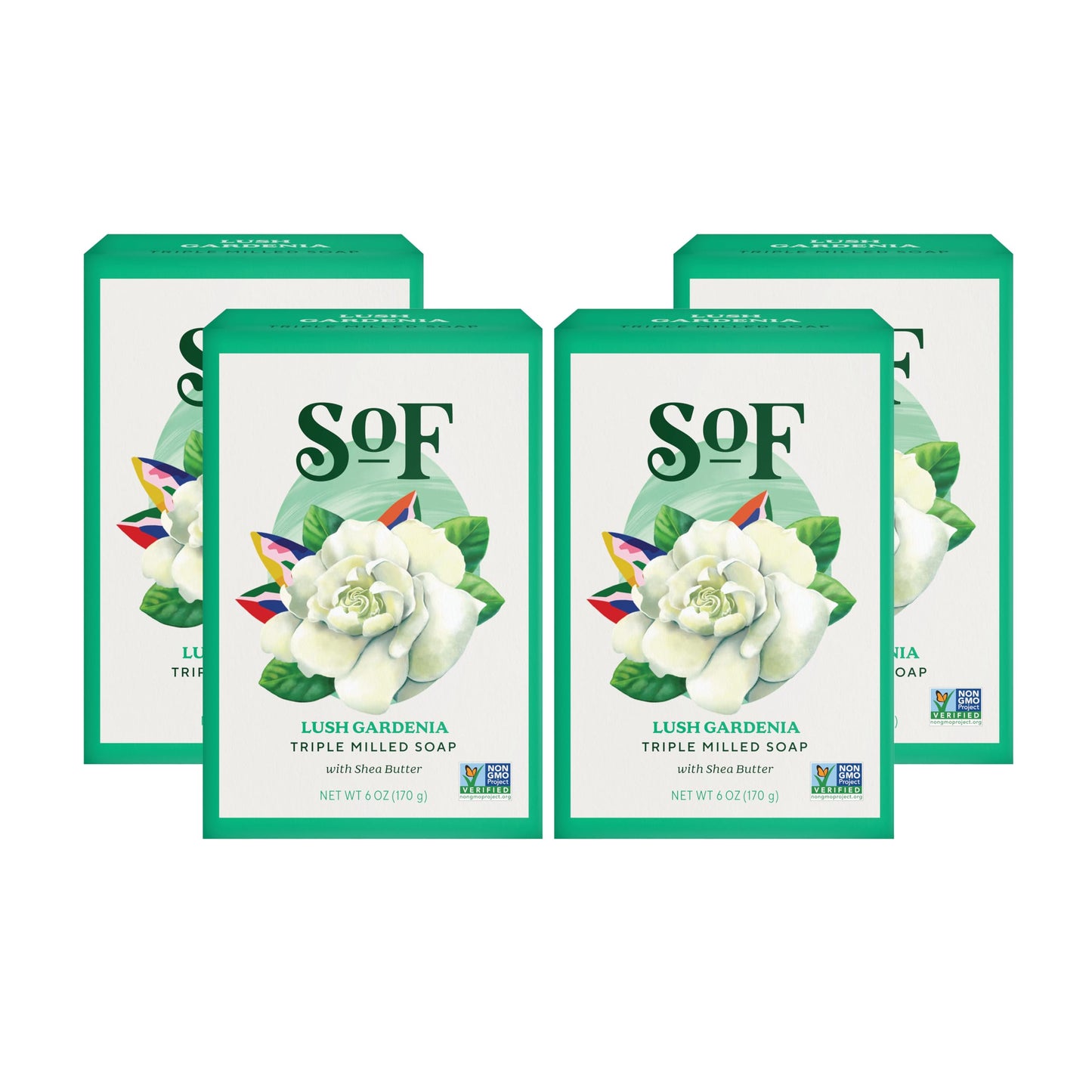 South Of France SoF Triple-Milled Gardenia Bar Soap – Coconut Oil & Organic Shea Butter, Vegan & Non-GMO, 4 x 6 oz