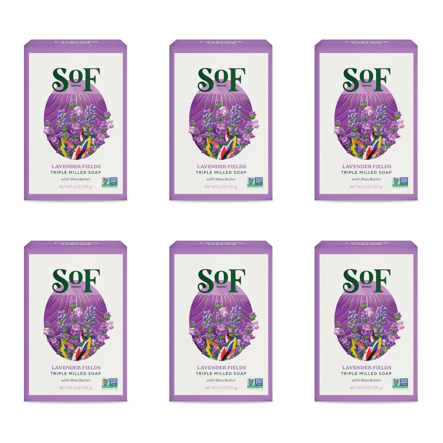 South Of France SoF Lavender Fields Triple-Milled Bar Soap – Coconut Oil & Organic Shea Butter, Vegan & Non-GMO | 6 oz Bar (Set of 6)