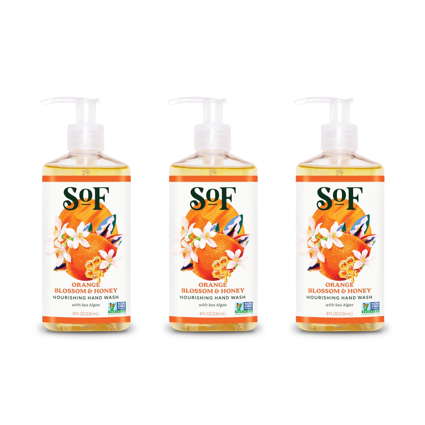 South Of France SoF Nourishing Hand Wash – Orange Blossom & Honey, 3 x 8 oz, Vegan & Non-GMO