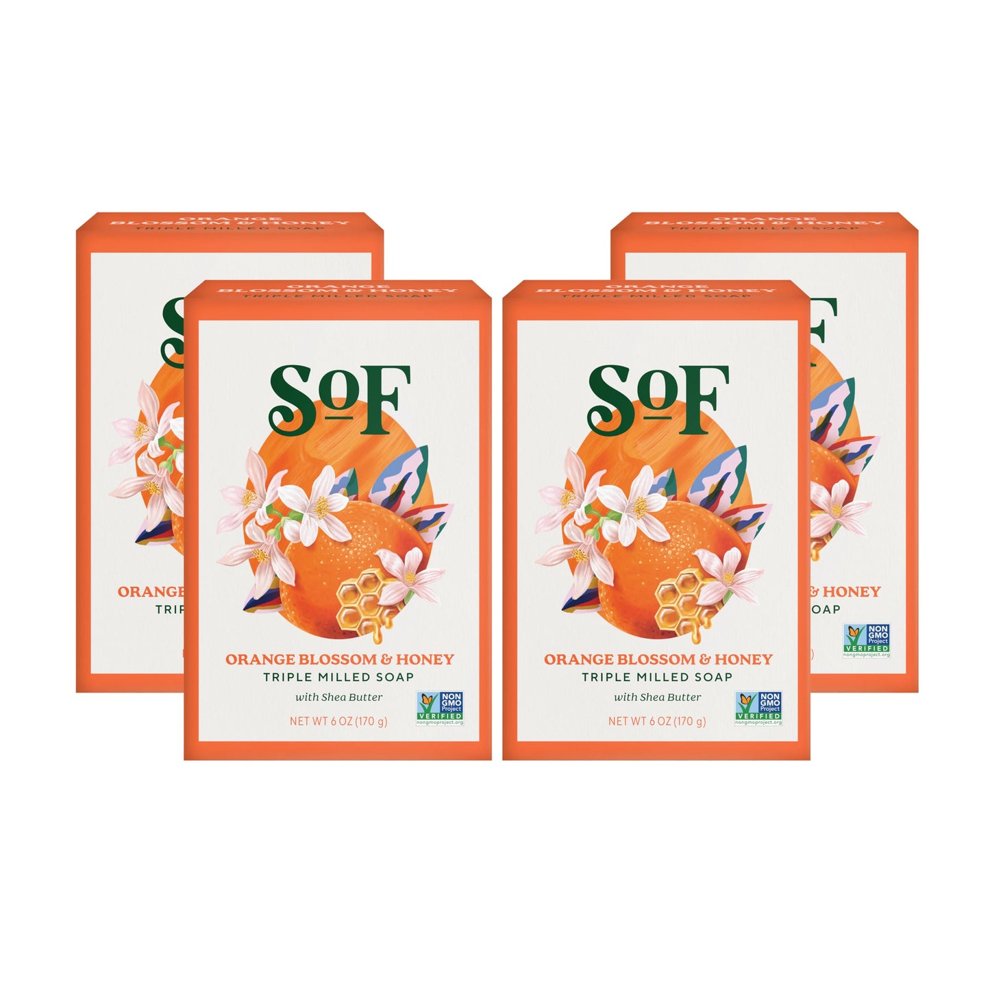 South Of France SoF Triple Milled Bar Soap – Orange Blossom & Honey, Coconut Oil & Shea Butter – Vegan & Non-GMO – 4 Bars