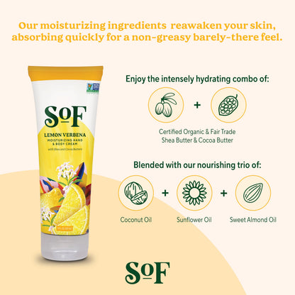 South Of France SoF Moisturizing Hand & Body Cream – Lemon Verbena, Organic Shea & Cocoa Butter, 8 oz | Vegan & Non-GMO