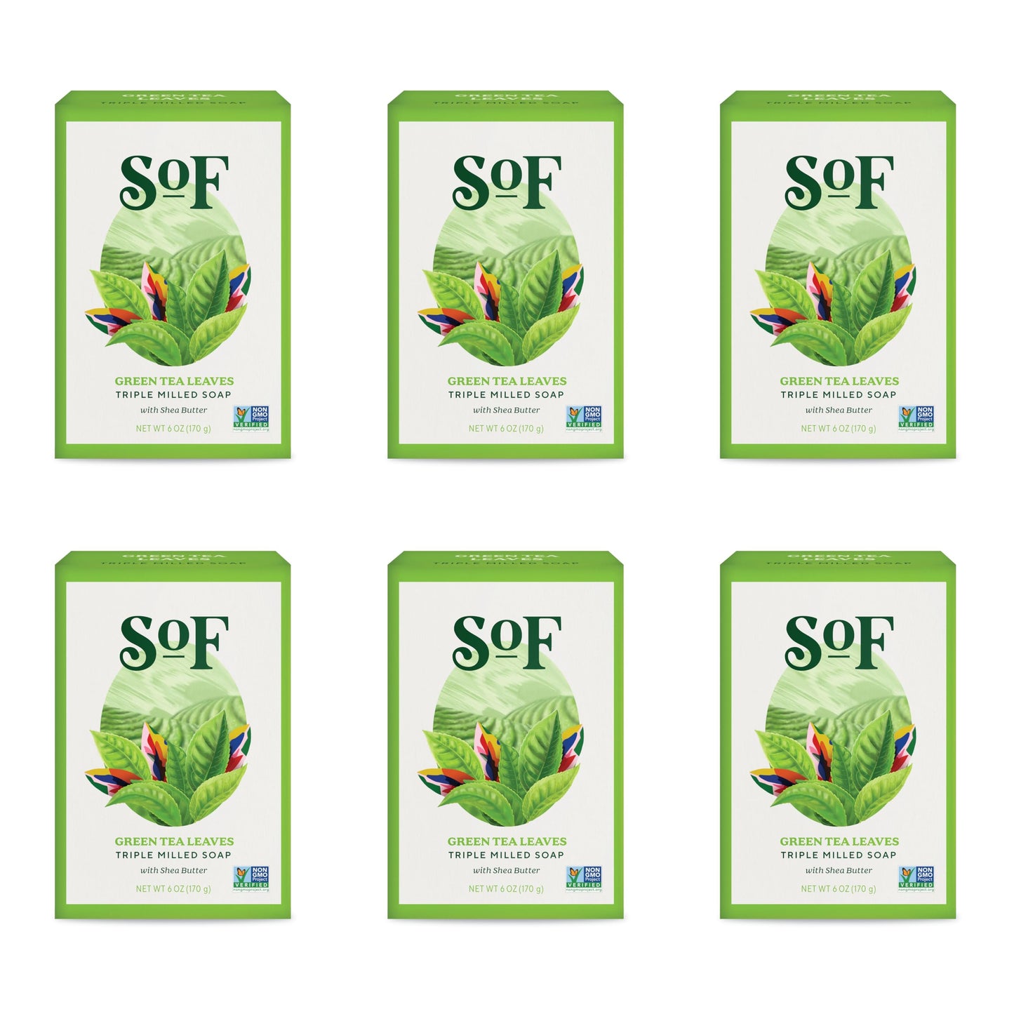 SoF Triple Milled Bar Soap – Coconut Oil & Organic Shea Butter | Vegan & Non-GMO | Green Tea Leaves, 6 oz Bar (Set of 6)