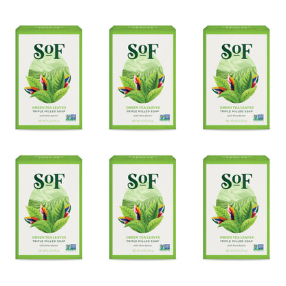 SoF Triple Milled Bar Soap – Coconut Oil & Organic Shea Butter | Vegan & Non-GMO | Green Tea Leaves, 6 oz Bar (Set of 6)