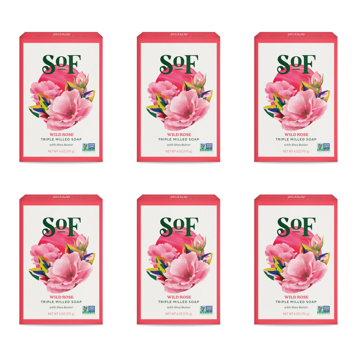 South Of France SoF Wild Rose Triple Milled Bar Soap – Coconut Oil & Organic Shea Butter | Vegan & Non-GMO | 6 x 6 oz
