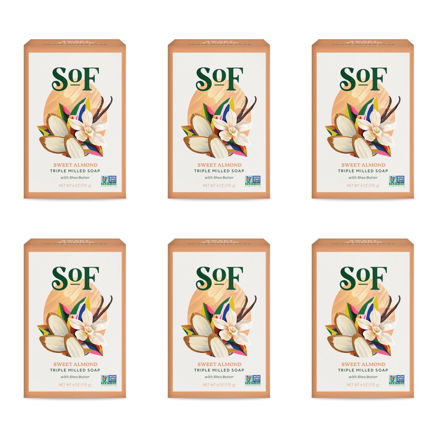 South Of France SoF Triple Milled Soap – Coconut Oil & Organic Shea Butter, Vegan & Non-GMO, Sweet Almond, 6 Bars (6 oz each)