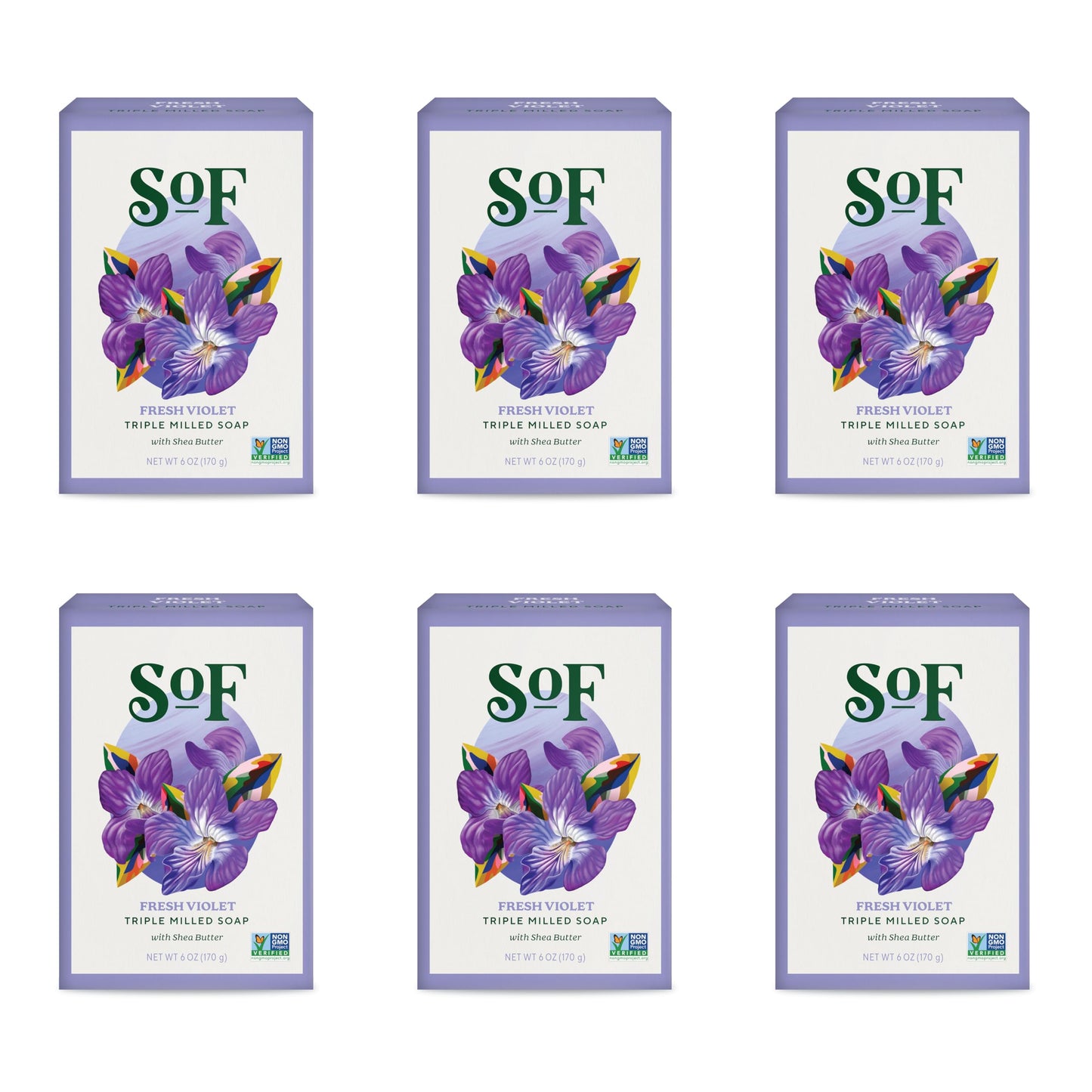 South Of France SoF Triple Milled Bar Soap – Fresh Violet with Coconut Oil & Organic Shea Butter | 6 oz Bar (6 Bars) | Vegan & Non-GMO