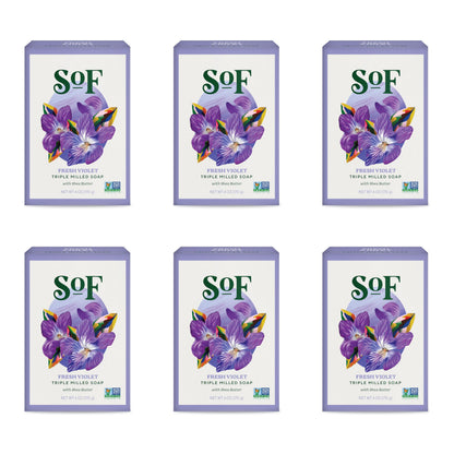 South Of France SoF Triple Milled Bar Soap – Fresh Violet with Coconut Oil & Organic Shea Butter | 6 oz Bar (6 Bars) | Vegan & Non-GMO