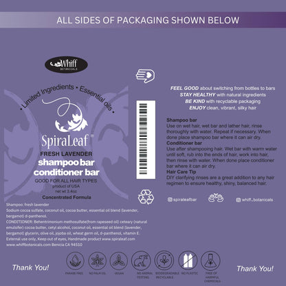 SpiraLeaf Solid Shampoo Bar & Conditioner Bar Set — Fragrance-Free, Dye-Free, Lavender-Bergamot Blend, Limited Ingredients