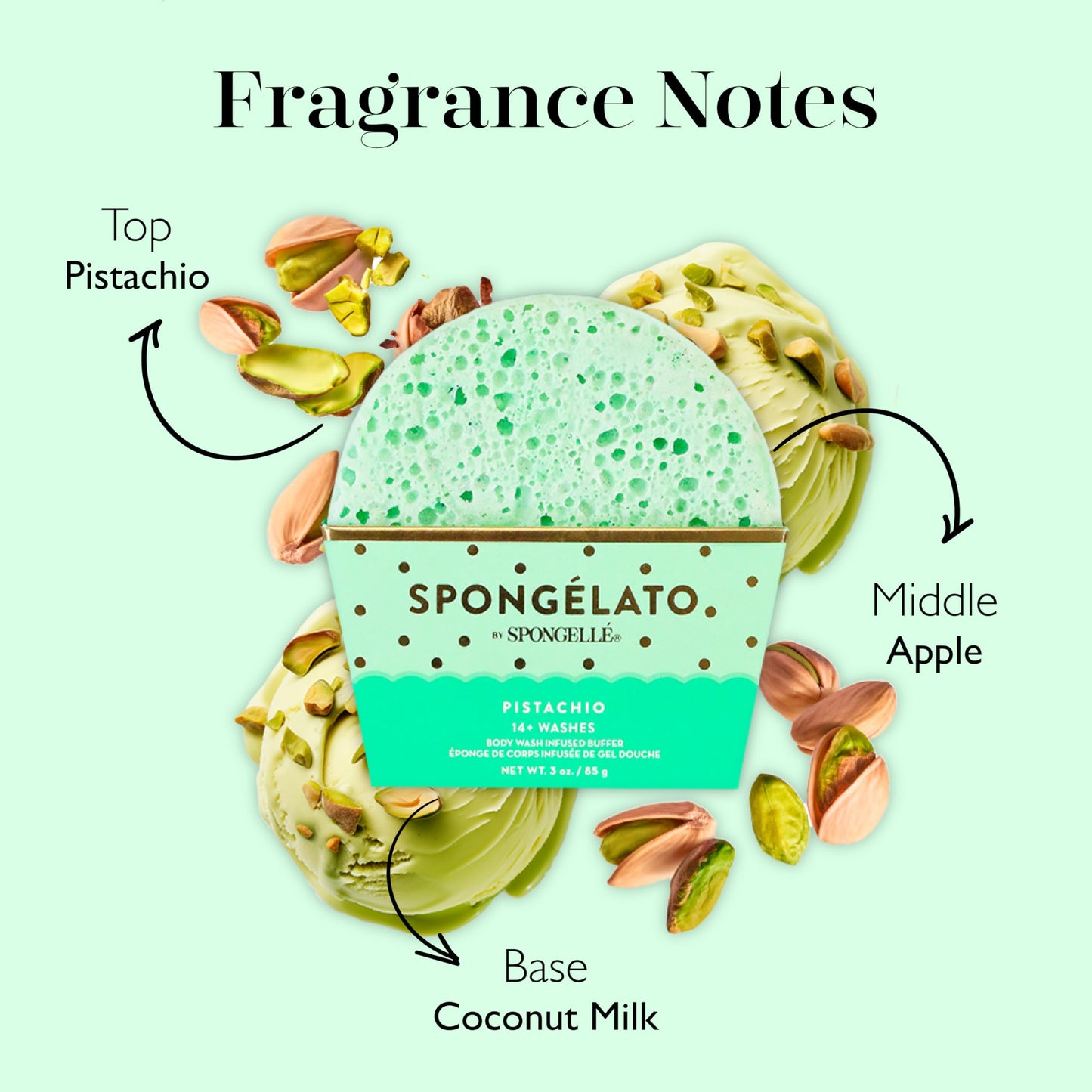Spongelato Loofah Exfoliating Body Scrubber by Spongelle | Gelato-Inspired Body Wash Infused Buffer | 14+ Uses | Pistachio Gelato