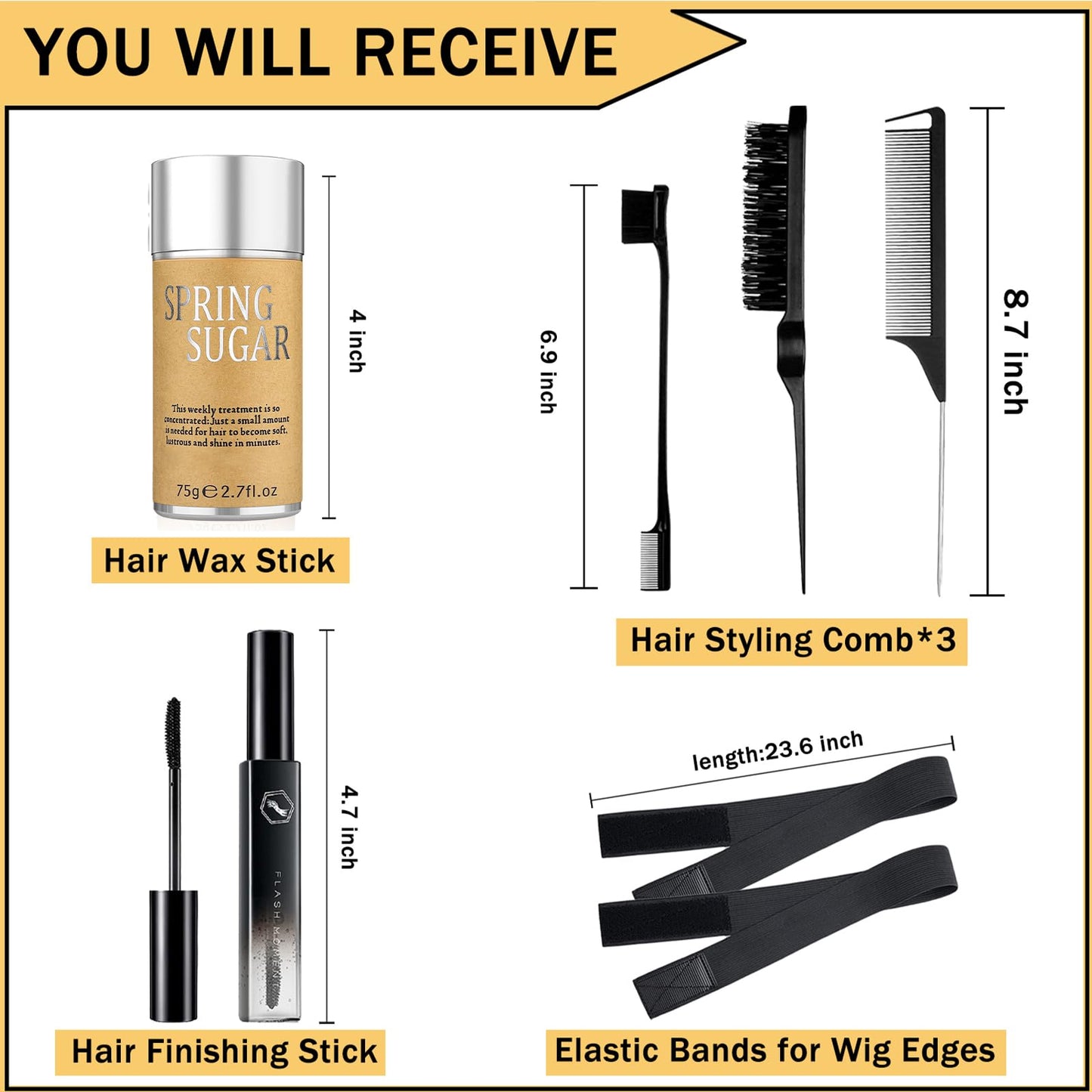 SPRINGSUGAR 7-Pcs Hair Wax & Edge Control Set for Women – Strong Hold, Wig Edges, Finishing Stick
