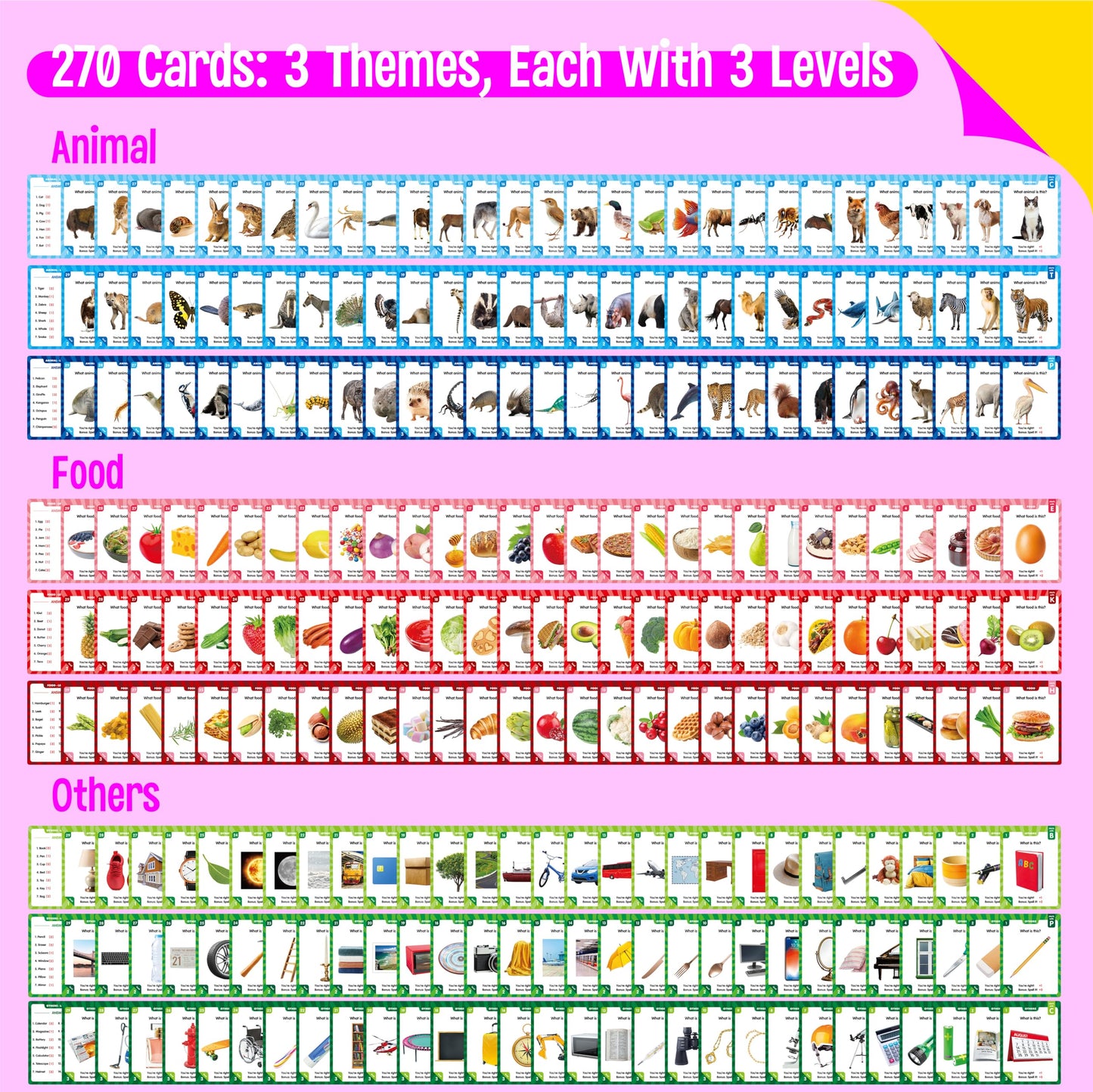 SpriteGru 270 PCS Spelling Flashcards – Learn Words & Check Spelling (Animals, Foods, Daily Life) for Kids 8+