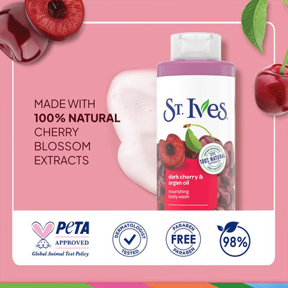 St. Ives Dark Cherry & Argan Oil Nourishing Shower Gel 2-Pack – 22 oz each | 100% Natural Extracts | Cruelty-Free