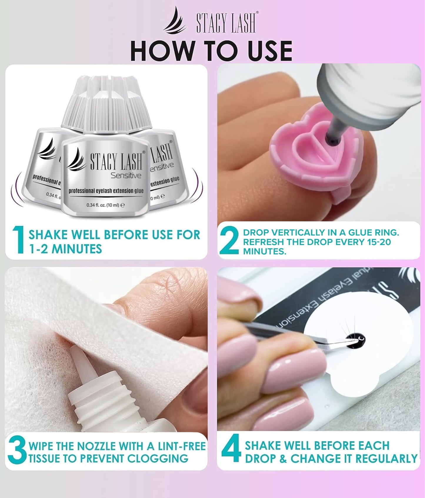 STACY LASH Sensitive Eyelash Extension Glue 0.34 oz | Low Fume, Fast Dry, 4-5 Week Retention (Includes Glue Ring)