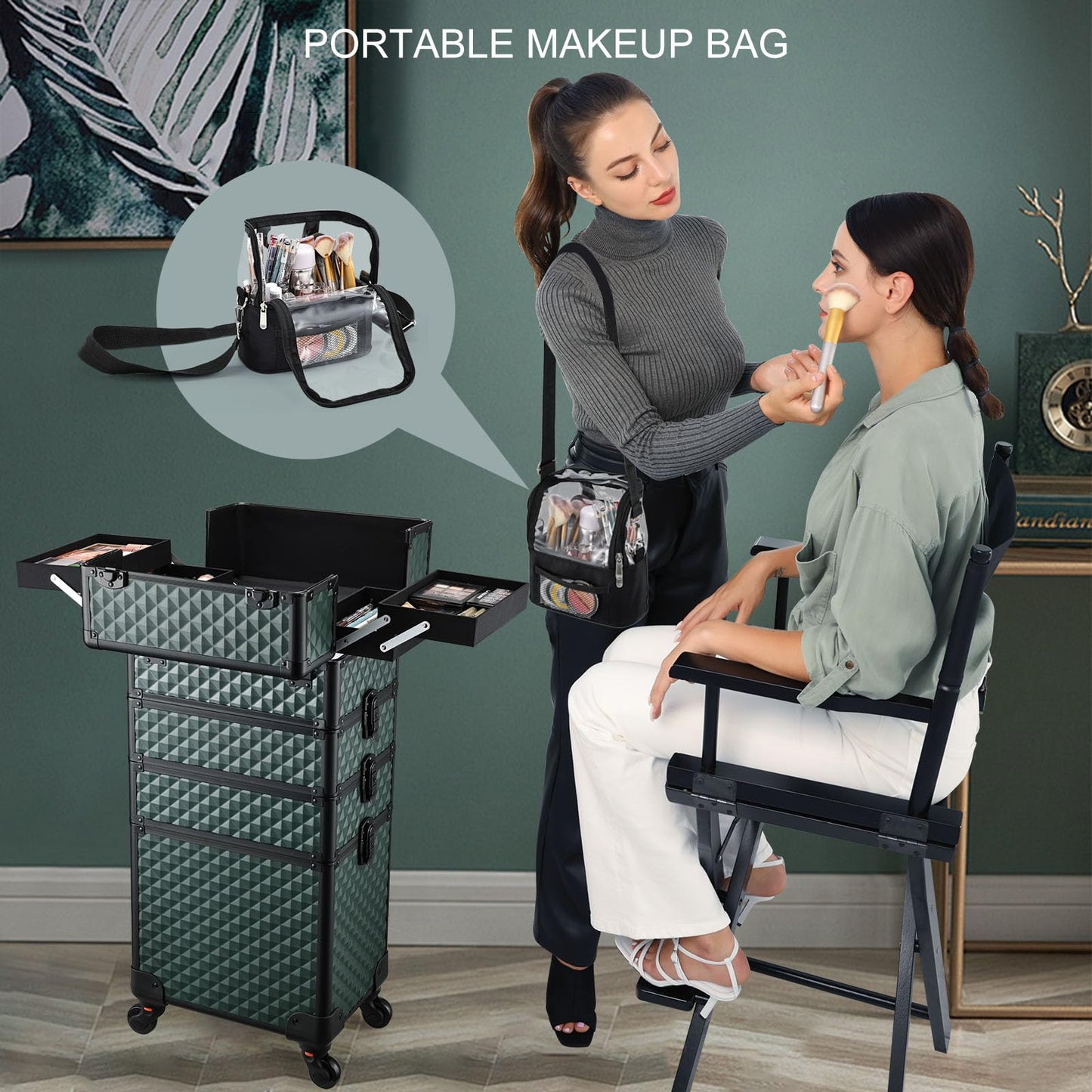 Stagiant Rolling Makeup Case 4-in-1 on Wheels | Portable Salon Organizer (Green)