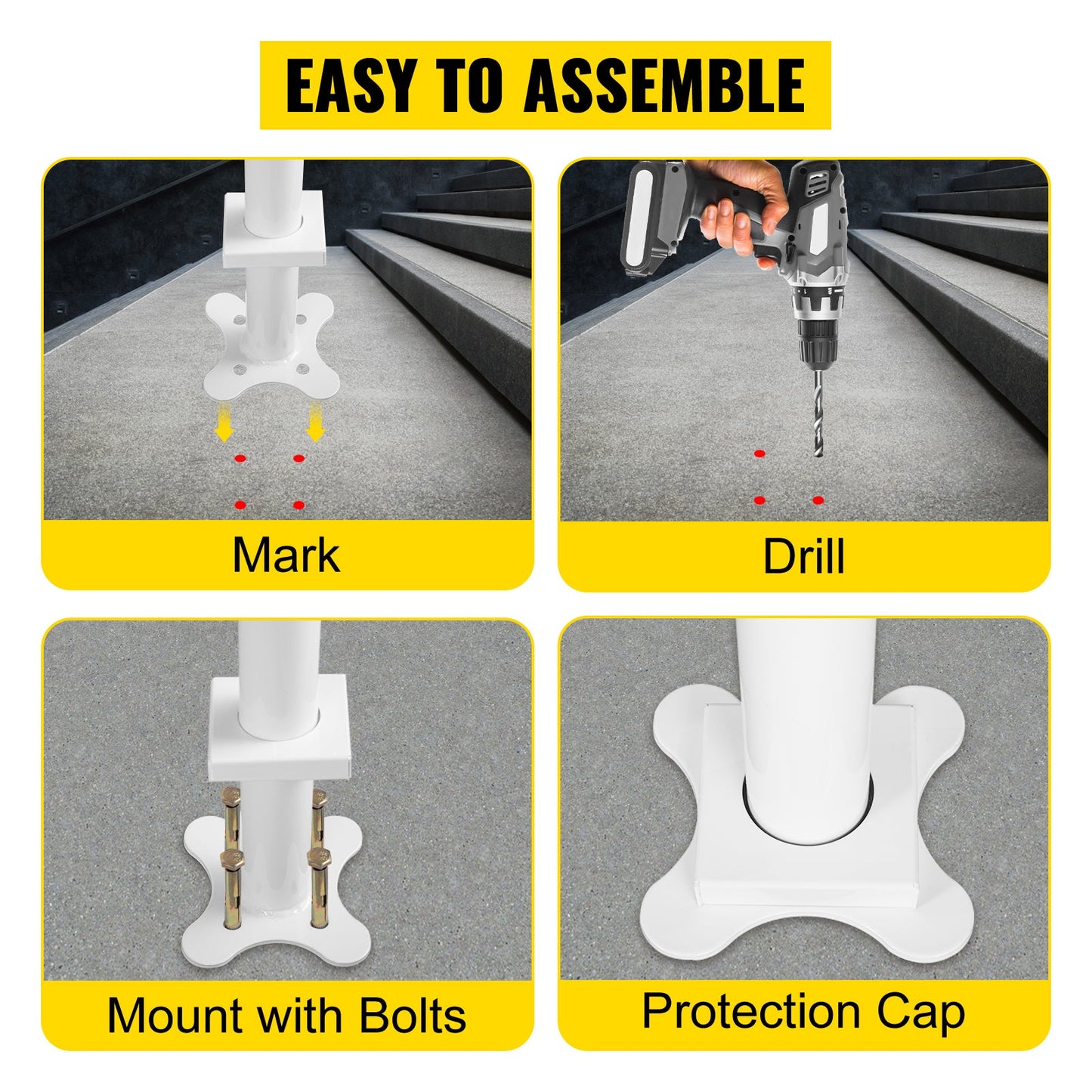 VEVOR Handrail for Outdoor Steps Aluminum Stair Handrail Fit 0-5 Steps w/ Installation Kit Building & Hardware Home Improvement