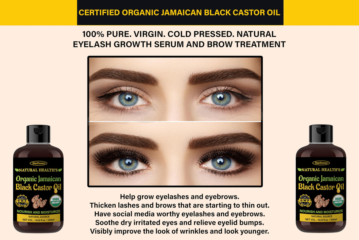 StarDunes Jamaican Black Castor Oil – 10.15 fl oz, 100% Pure for Hair, Eyebrow & Lash Growth