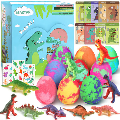 STARYAR 9-Pack Dinosaur Bath Bombs with Surprise Toys – Kids Bath Fizzies & Dino Cards